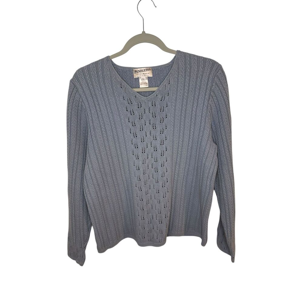 Pendleton Vintage Light Blue Cable Knit V Neck Sweater Size Large